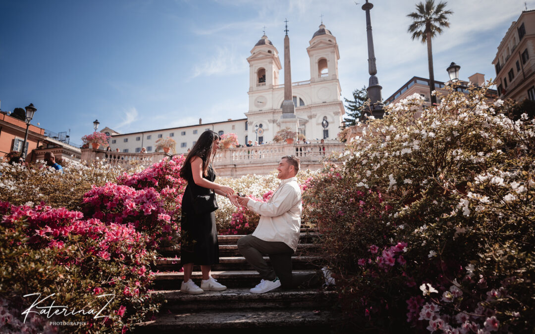 Wedding proposal at Spanish Steps blooms with azaleas